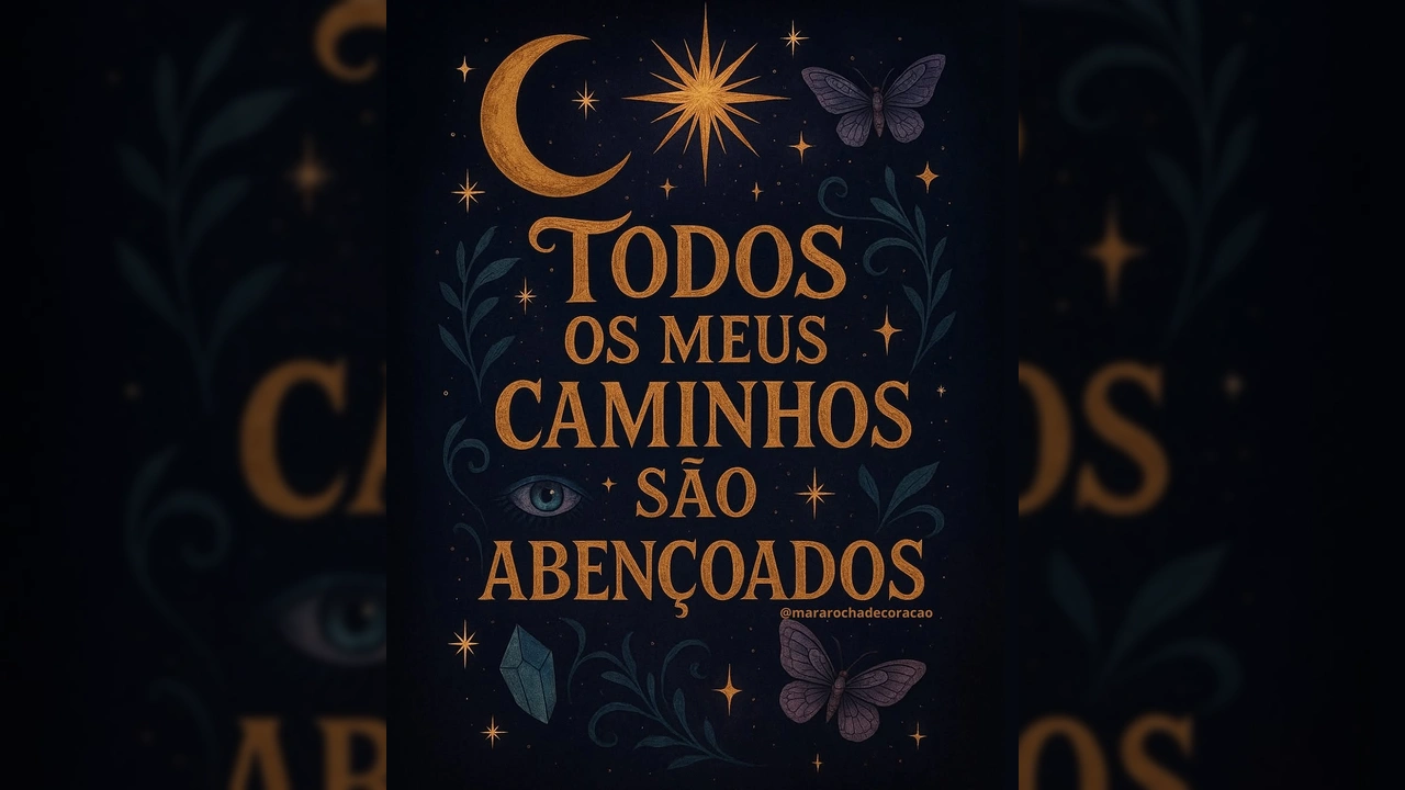 Afirmação positiva com elementos místicos como lua, estrela, borboletas, olho e cristal, publicada por mararochadecoracao no Instagram.
