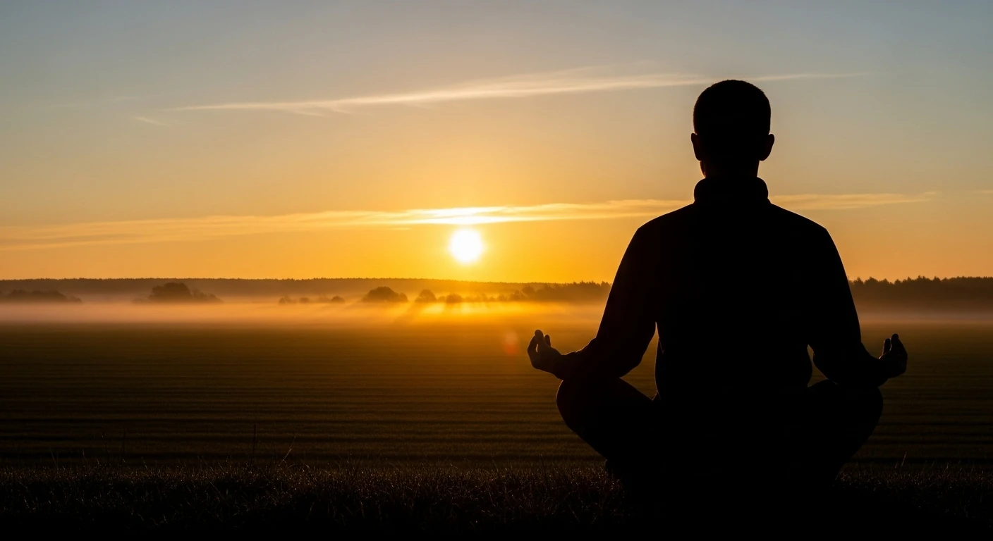 Uma pessoa meditando em um campo verde ao amanhecer, com raios de sol, transmitindo calma e esperança.