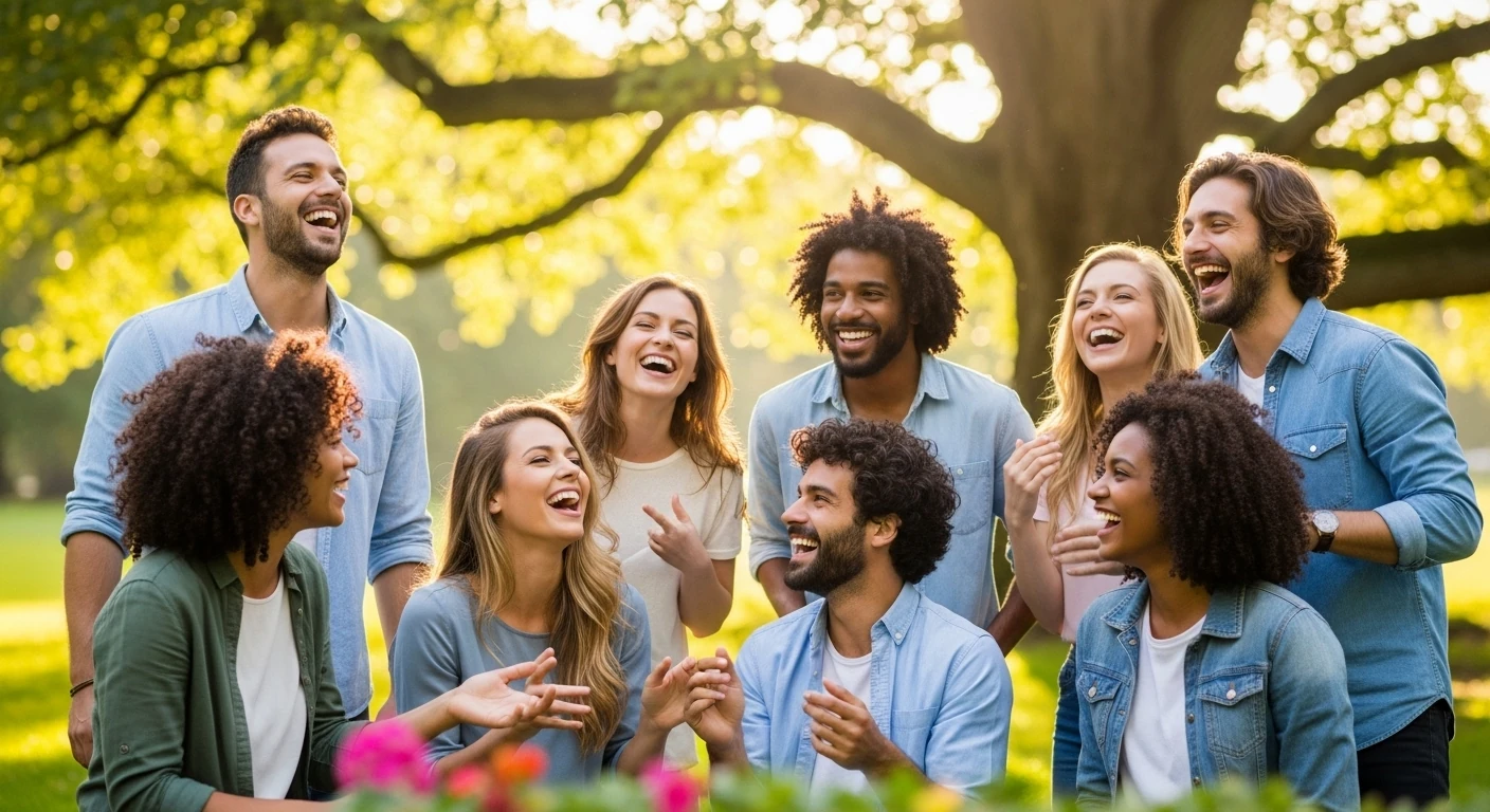 Grupo de amigos rindo e celebrando juntos ao ar livre, transmitindo felicidade e conexão.