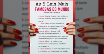 Infográfico com as 5 leis famosas: Murphy, Kidlin, Gilbert, Wilson, Falkland, sobre fundo de mãos femininas com unhas vermelhas. Créditos: Lei da Atração Corpo e Alma / Instagram.
