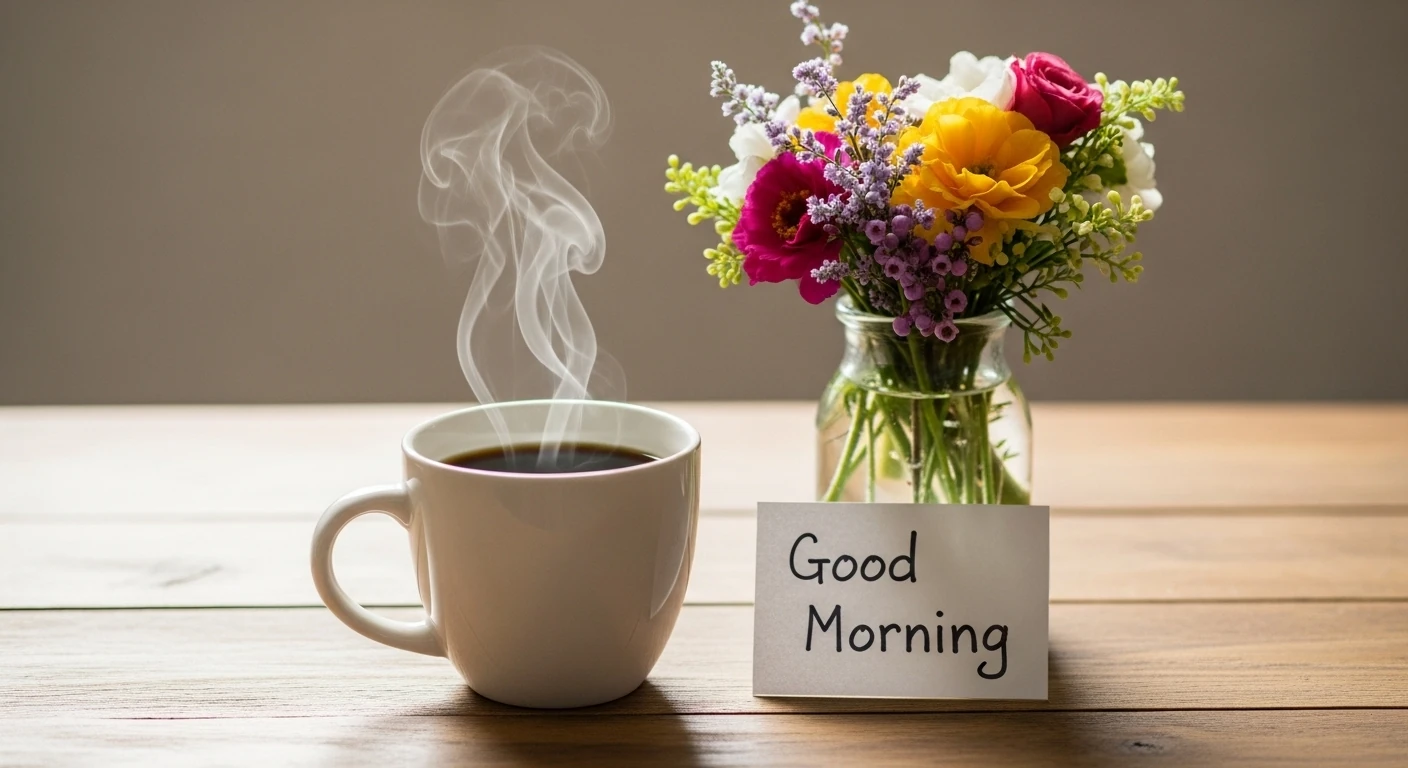 Caneca de café com bilhete de bom dia e flores