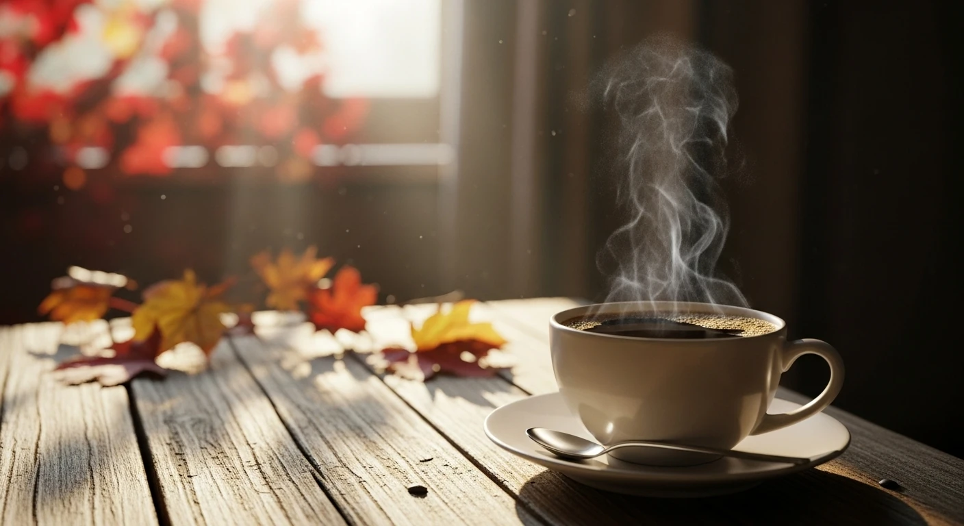 Xícara de café fumegante sobre mesa de madeira, com sol da manhã e folhas de outono.