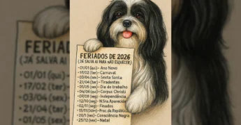 Imagem de um shih tzu branco e preto segurando uma folha com a lista de feriados de 2026. Crédito: @hero_shihtzu_oficial no Instagram.