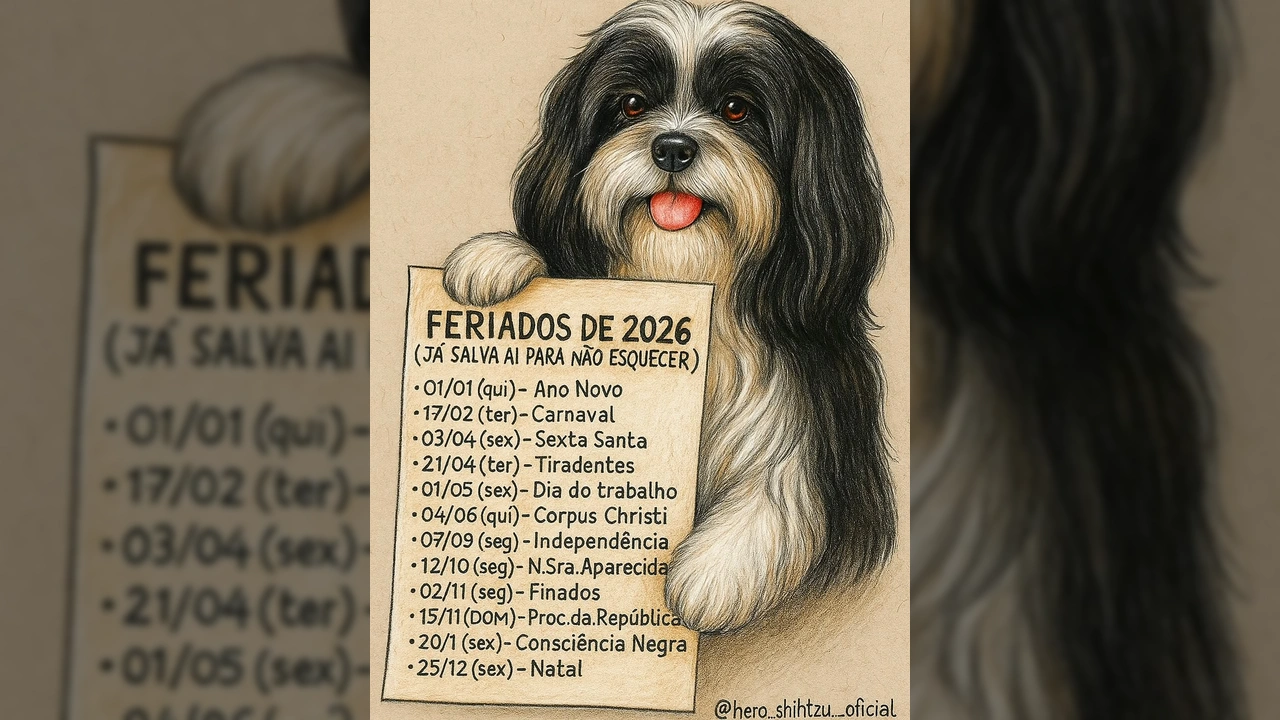 Imagem de um shih tzu branco e preto segurando uma folha com a lista de feriados de 2026. Crédito: @hero_shihtzu_oficial no Instagram.