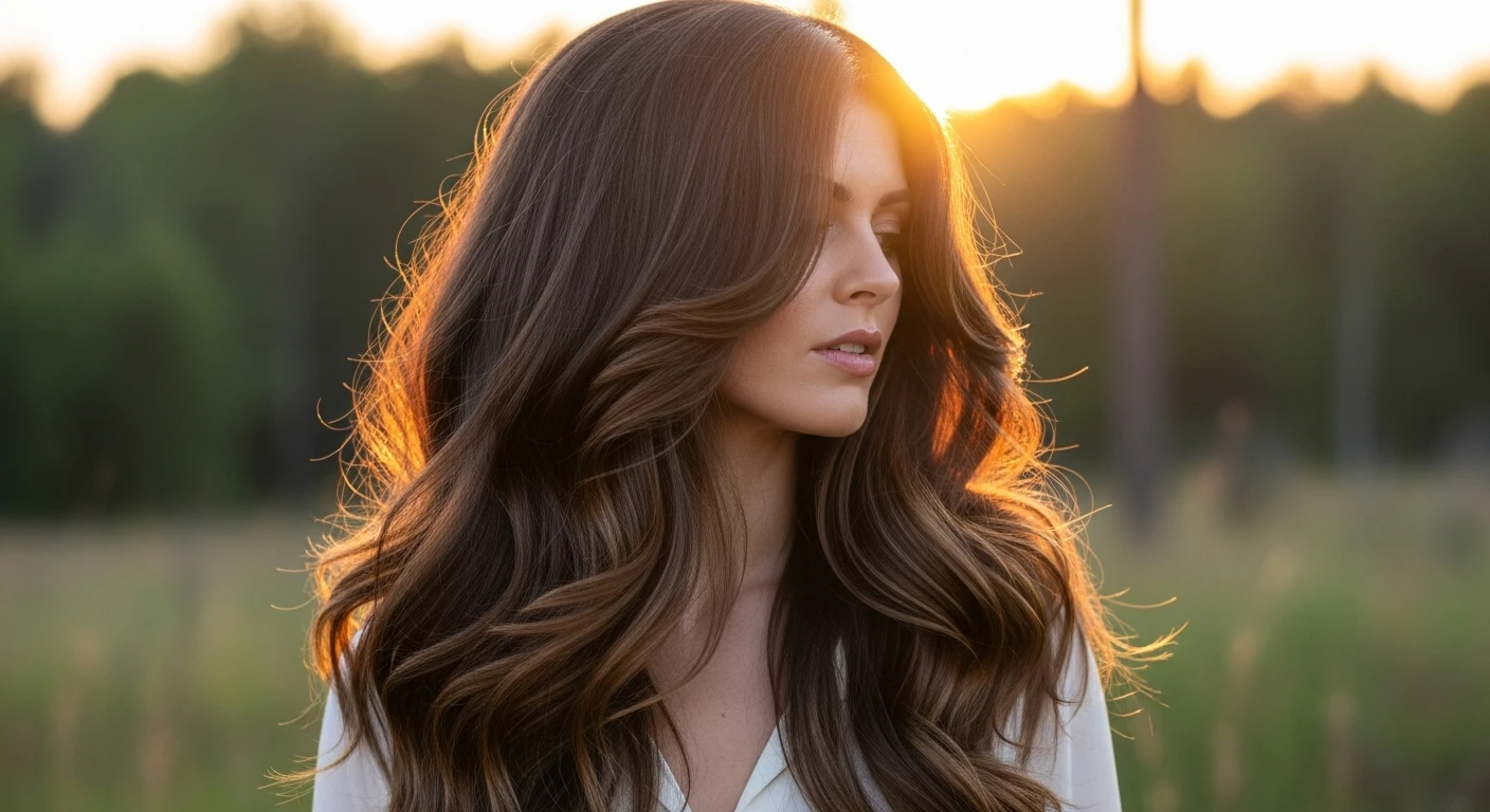 Mulher com cabelo castanho escuro longo e ondulado, com camadas fluídas que criam movimento natural.