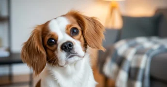 Cão pequeno e fofo, com pelagem clara e olhos expressivos, sentado em um ambiente doméstico moderno, com luz natural.
