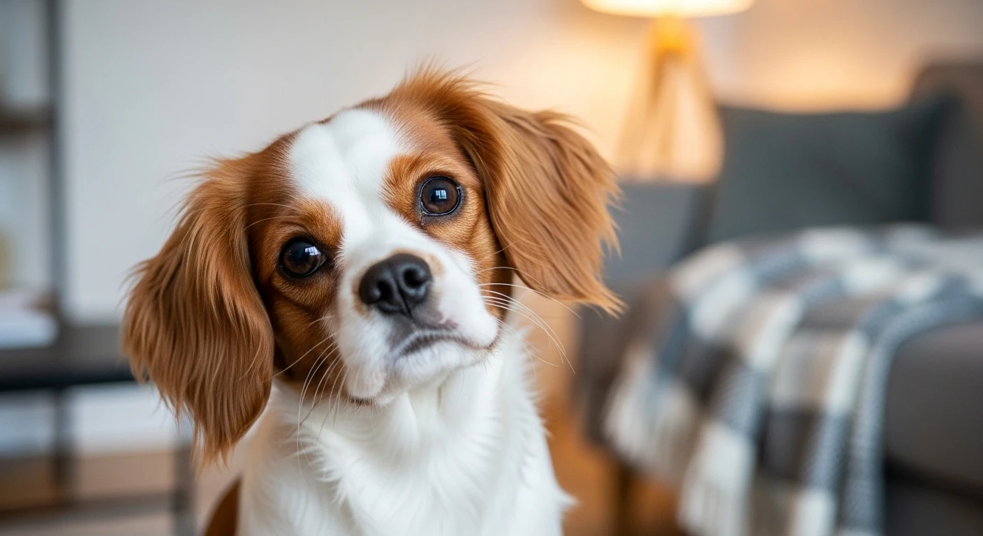 Cão pequeno e fofo, com pelagem clara e olhos expressivos, sentado em um ambiente doméstico moderno, com luz natural.