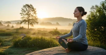Mulher meditando com fones de ouvido na natureza ao amanhecer