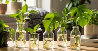 Vários cortes de plantas, incluindo jibóia e monstera, enraizando em vasos de vidro transparentes com água limpa, em um ambiente iluminado.