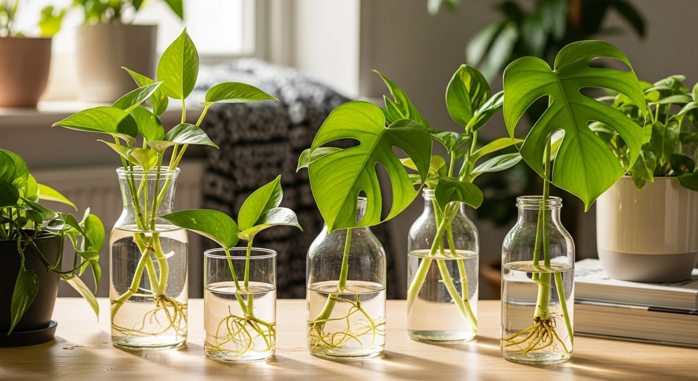 Vários cortes de plantas, incluindo jibóia e monstera, enraizando em vasos de vidro transparentes com água limpa, em um ambiente iluminado.