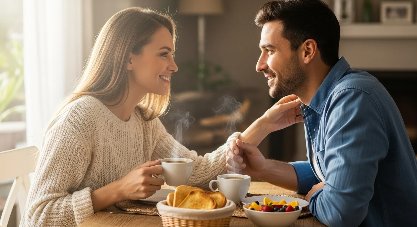 Casal sorrindo e compartilhando um café da manhã, transmitindo amor, carinho e momentos de alegria em casa.