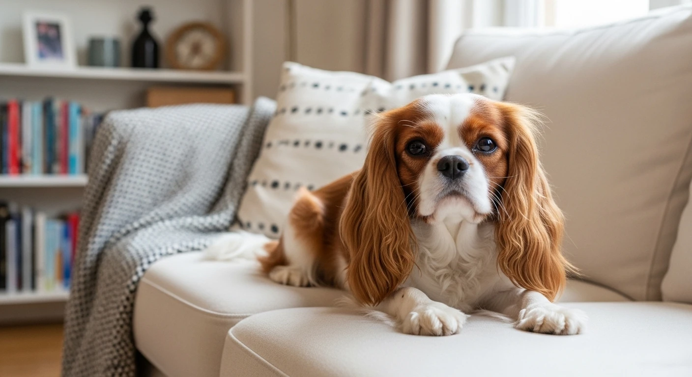 Cavalier King Charles Spaniel com pelo sedoso, deitado no sofá de apartamento decorado, com expressão doce.
