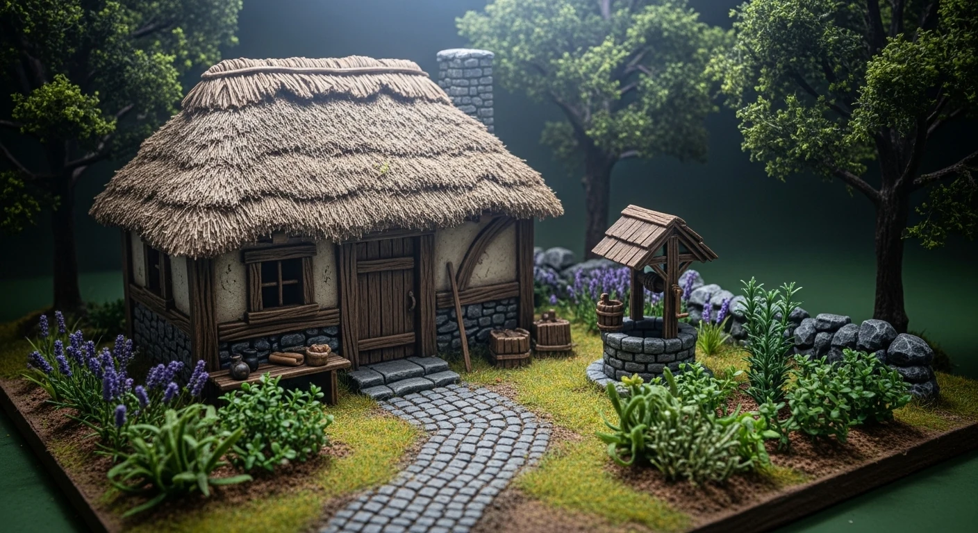 Maquete de cabana medieval com telhado de palha