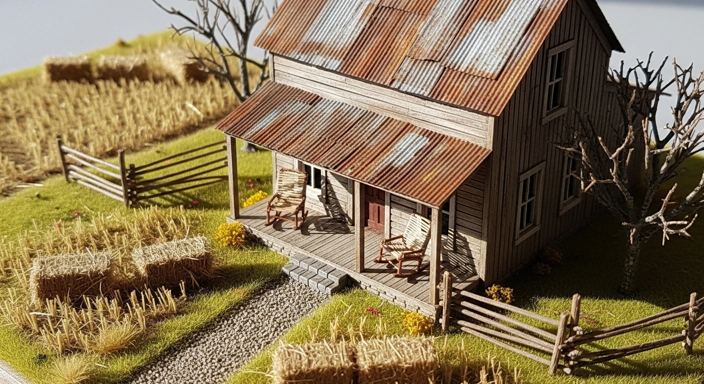 Maquete de casa de fazenda rústica com paisagem