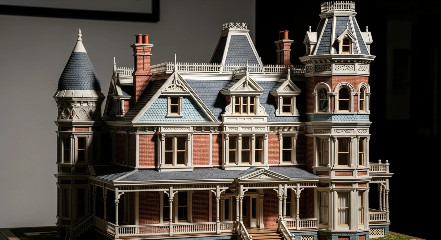 Maquete de mansão vitoriana com detalhes ornamentados