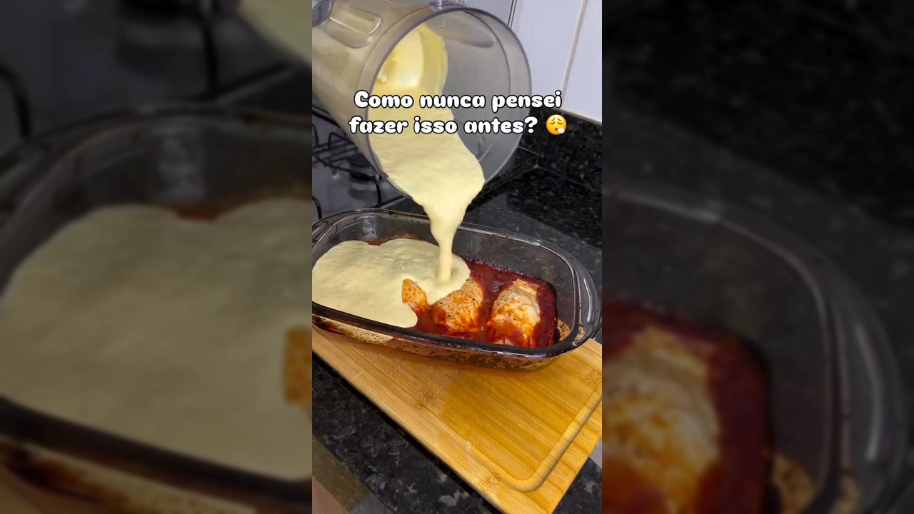 Travessa de frango recheado com presunto e queijo com molho cremoso de milho e queijo gratinado, da receita de luisa.receitas.dicas / Instagram