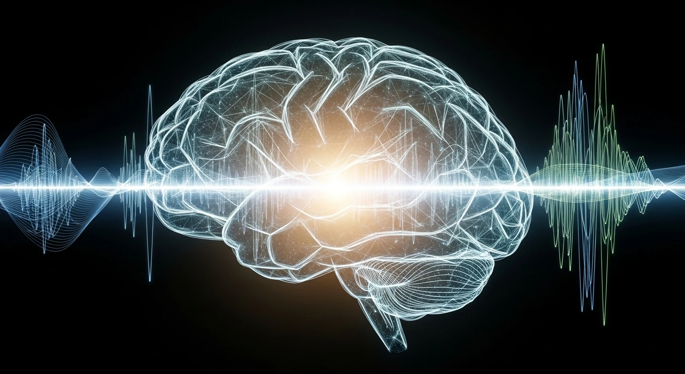 Cérebro estilizado com ondas cerebrais para frequências binaurais
