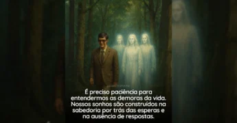 Homem sorrindo em floresta com figuras etéreas, simbolizando a paciência e a sabedoria nas demoras da vida. Imagem de @diarioespirita1 / Instagram.