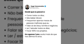 Hugo Vasconcelos em post sobre como mudar hábitos e acelerar o crescimento pessoal. / Instagram