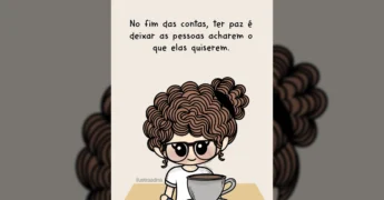 Ilustração de mulher com cabelo cacheado e óculos, segurando xícara de café, com frases motivacionais de Ilustraadna.