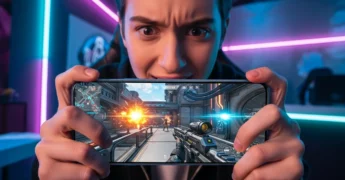 Jovem jogando Free Fire em smartphone com expressão concentrada