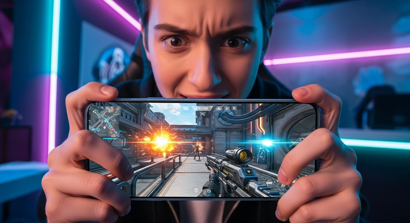 Jovem jogando Free Fire em smartphone com expressão concentrada