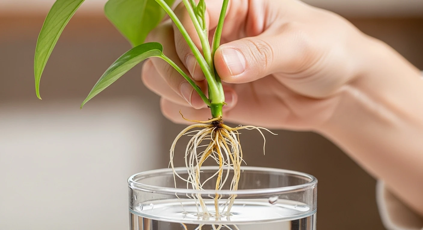 Mão humana trocando a água de um pequeno vaso de vidro com um corte de planta verde e raízes visíveis, em um ambiente bem iluminado.