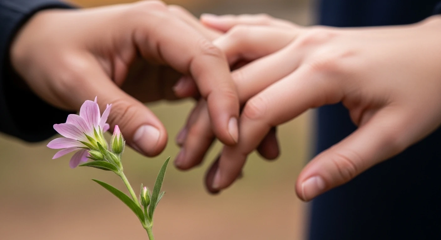 Mãos se entrelaçando suavemente com uma flor, simbolizando união, carinho e um novo florescer.
