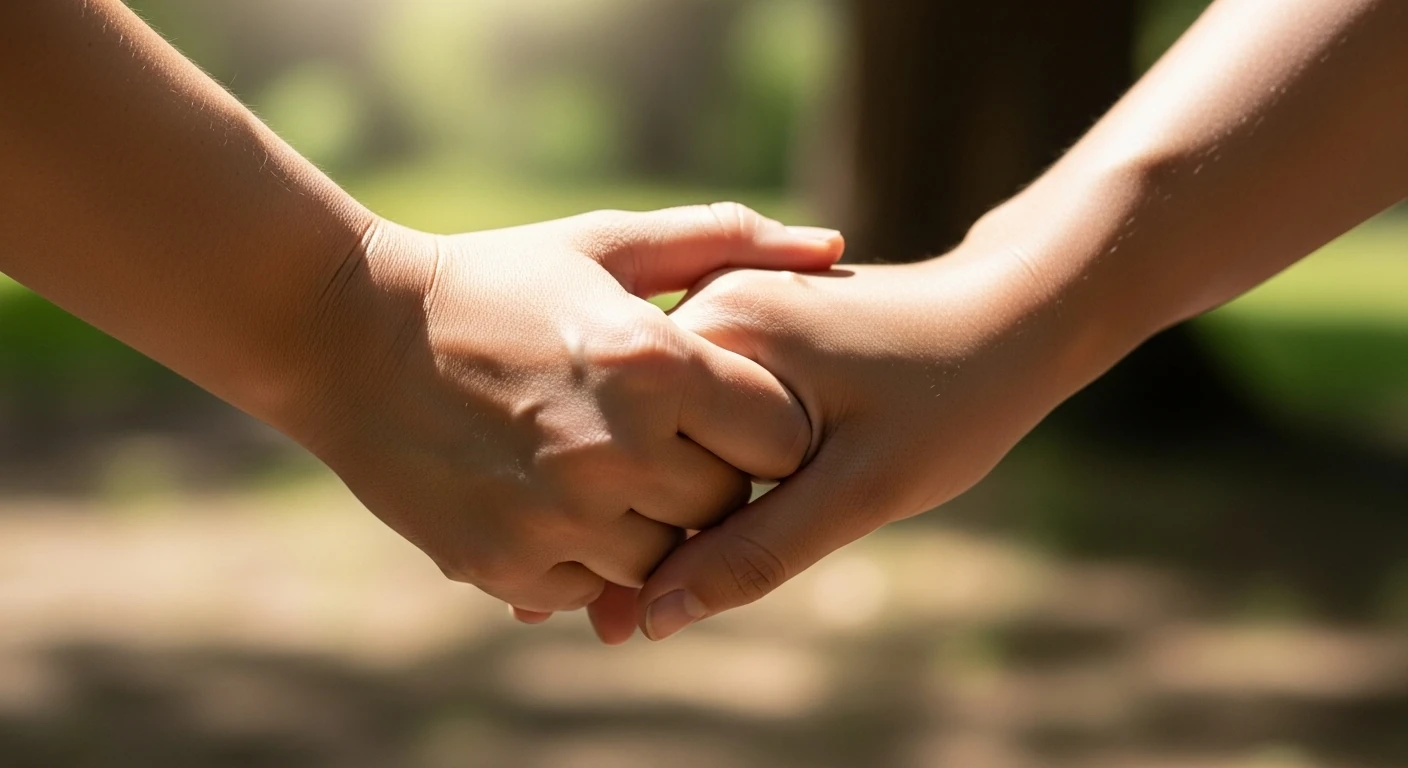Mãos unidas suavemente, simbolizando carinho, apoio e conexão entre pessoas.