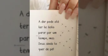 Uma folha de livro com a frase 'A dor pode até ter te feito parar por um tempo, mas Deus ainda te quer de pé!' e sementes de dente-de-leão, do Instagram @viatrechos