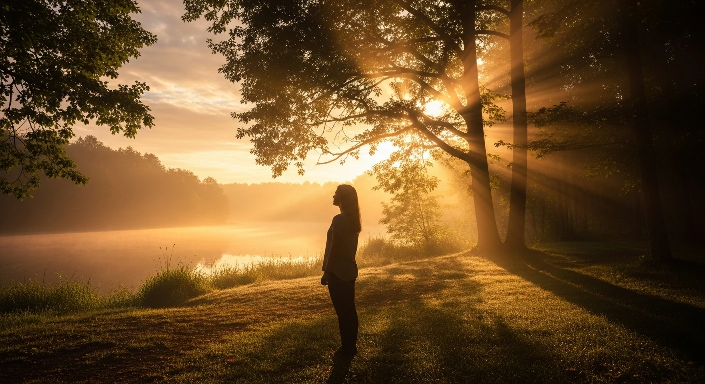 Uma mulher com o rosto iluminado pelo sol, observando o nascer do sol em uma manhã de Outubro, simbolizando um novo começo e esperança.