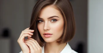 Mulher com cabelo castanho elegante, corte moderno e brilho natural, representando as tendências capilares de 2025.