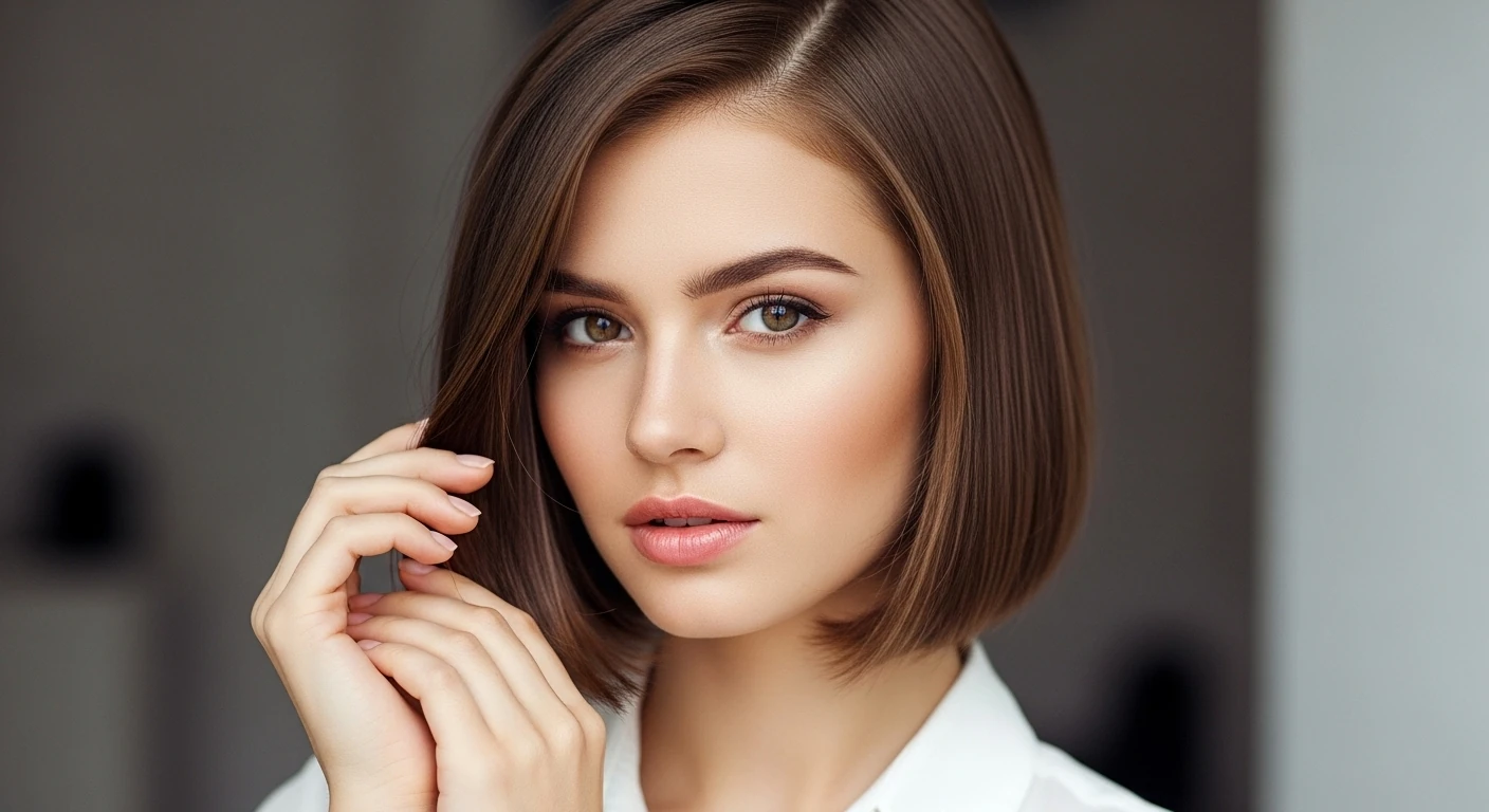 Mulher com cabelo castanho elegante, corte moderno e brilho natural, representando as tendências capilares de 2025.