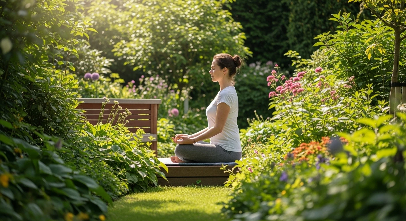 Mulher meditando em um jardim calmo e verde, simbolizando paz interior, serenidade e bem-estar em um novo dia.