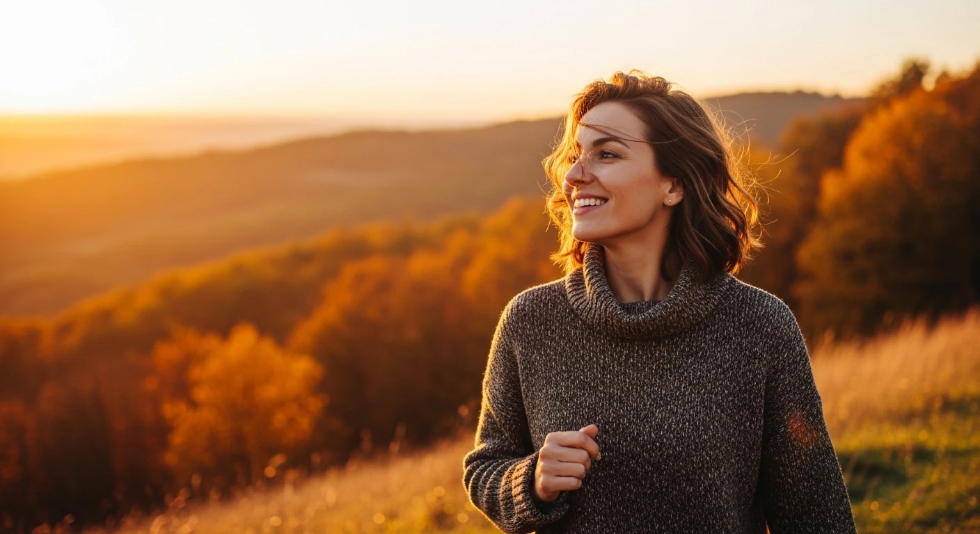 Mulher sorridente em paisagem de outono, com luz dourada simbolizando esperança para Outubro.