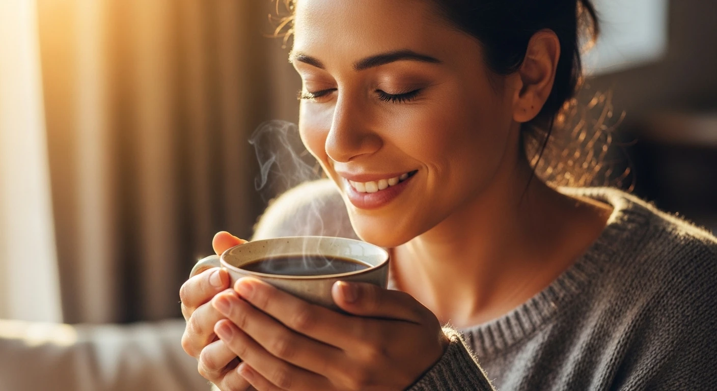 Mulher sorrindo e tomando café em um ambiente iluminado pelo sol, transmitindo paz matinal.