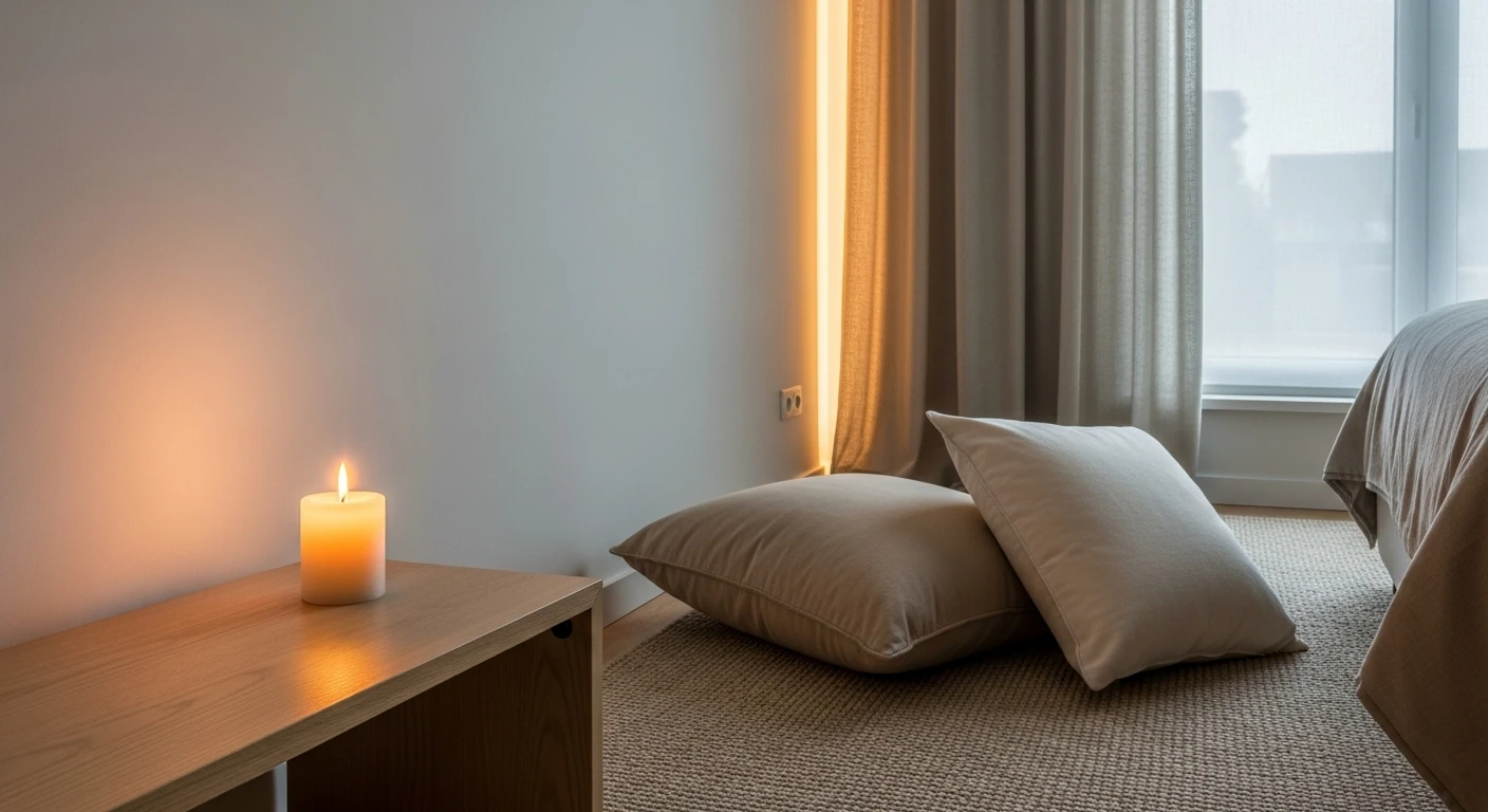 Quarto minimalista com vela acesa e travesseiros para relaxamento