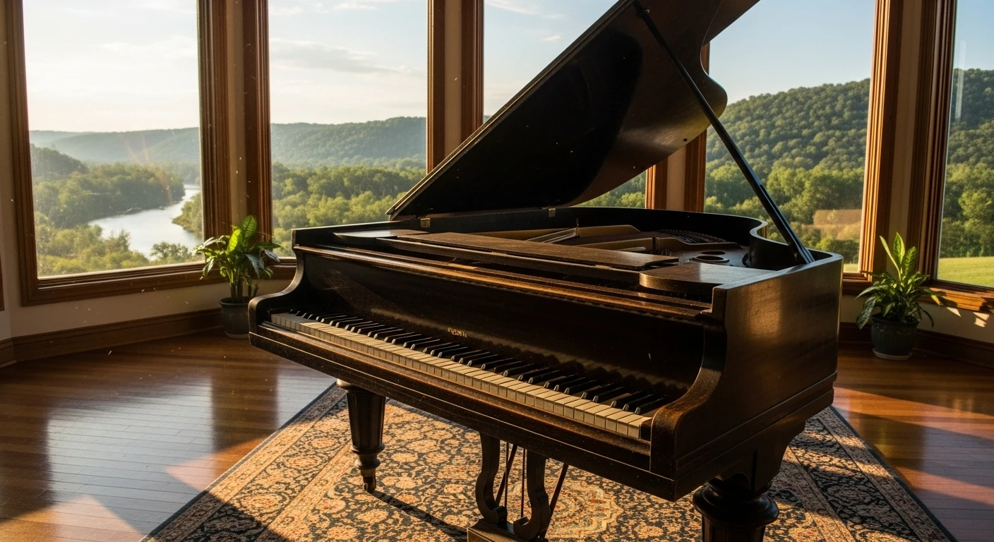 Piano de cauda clássico em sala iluminada com vista para a natureza