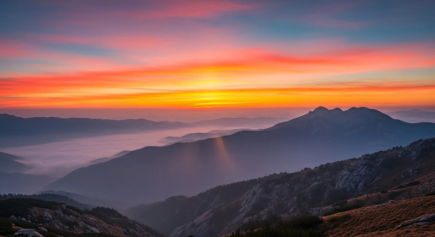 Nascer do sol glorioso sobre montanhas com névoa, representando a beleza e a promessa de um novo mês.