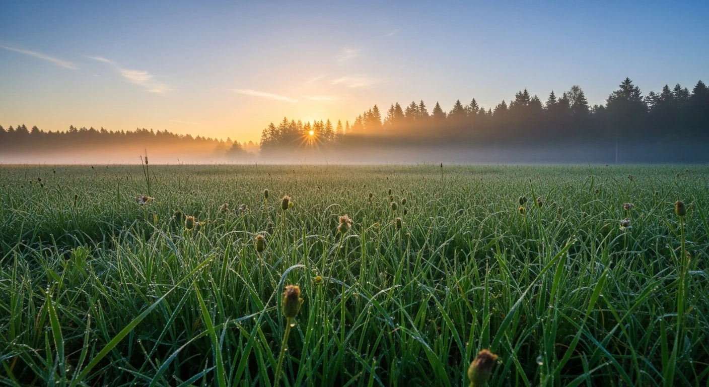 Nascer do sol sereno sobre um campo verdejante ao amanhecer, com raios de sol suaves iluminando a paisagem e orvalho nas folhas, transmitindo paz e renovação.