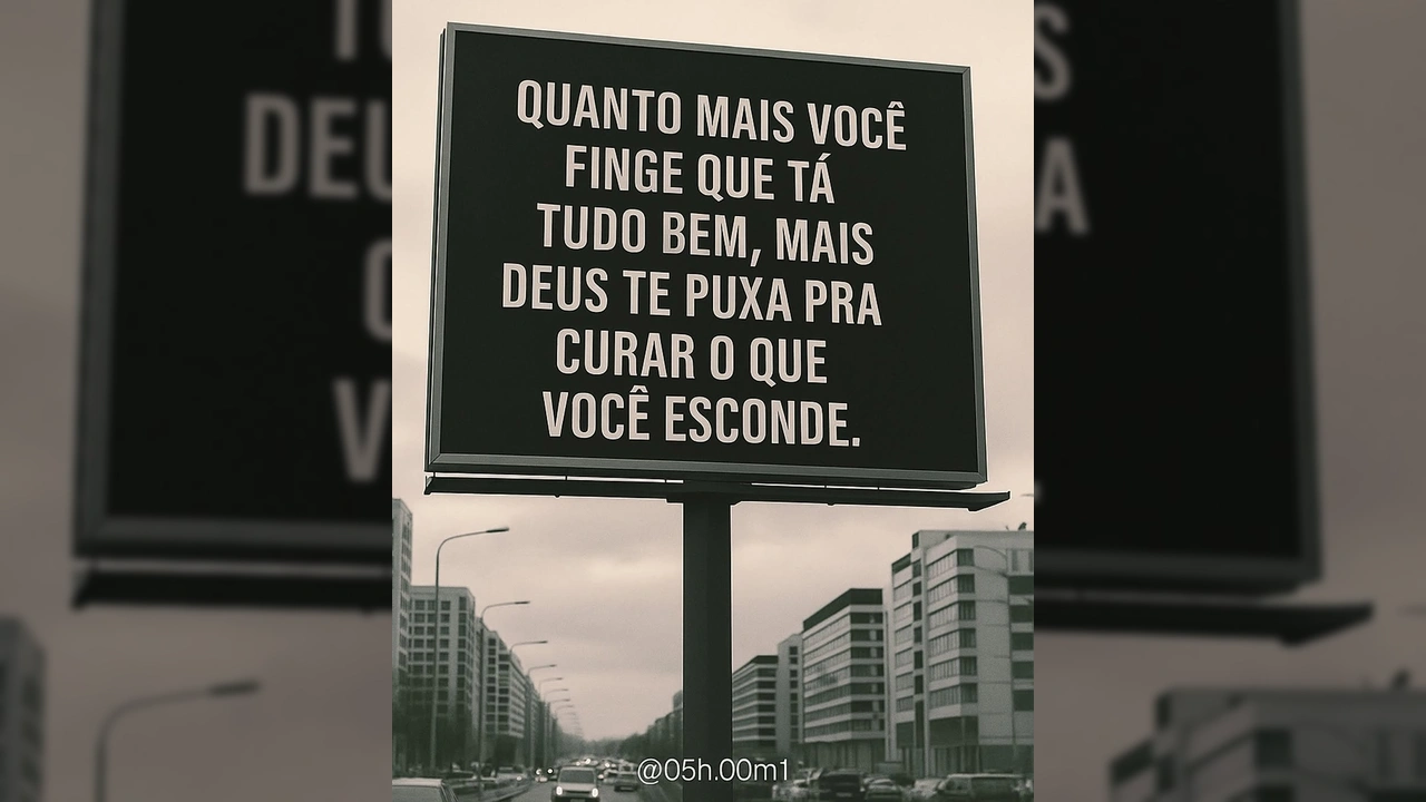 Imagem de um outdoor urbano em preto e branco com a frase 'Quanto mais você finge que tá tudo bem, mais Deus te puxa pra curar o que você esconde.', creditado a @05h.00m1.