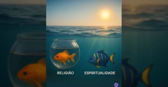 Imagem comparando religião e espiritualidade com um peixe em aquário e outro no oceano, por Espiritualidades