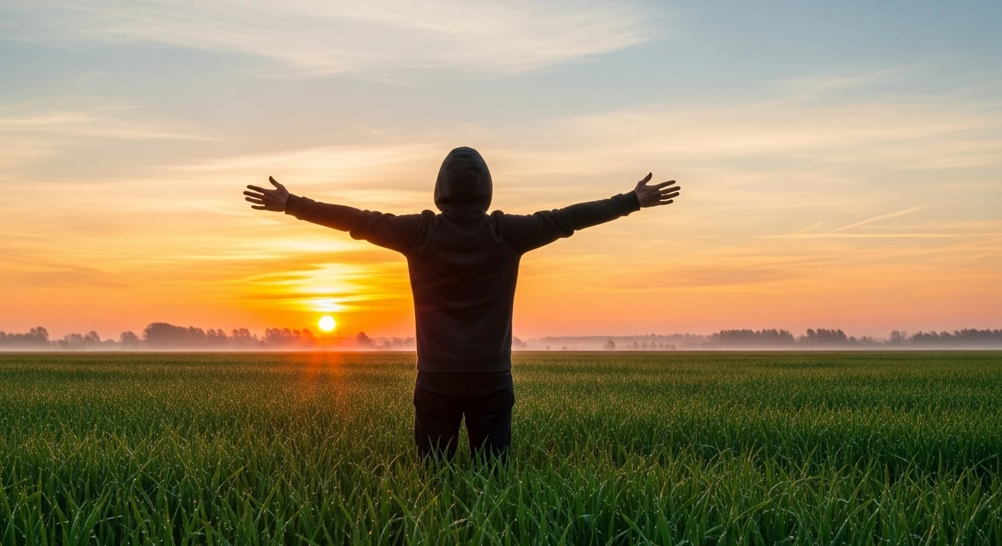 Pessoa sorridente e energética no campo ao nascer do sol
