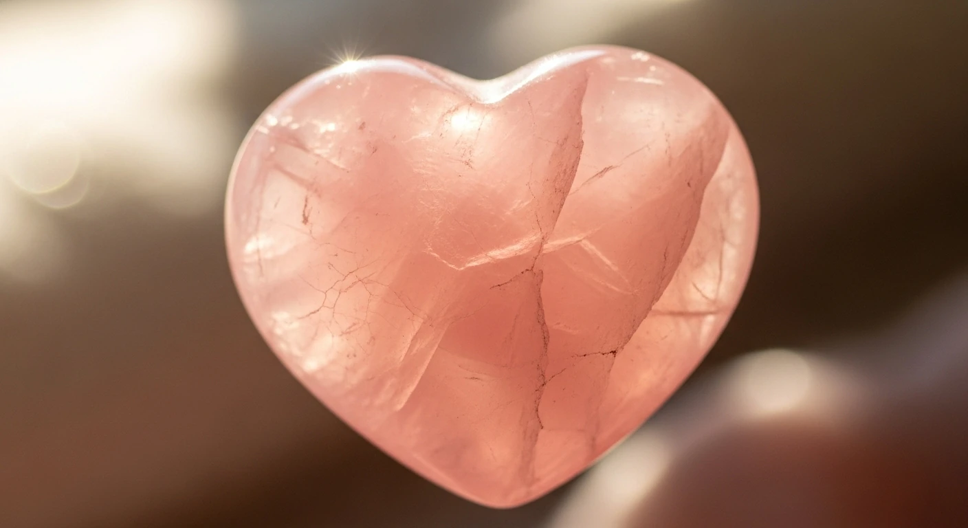 Pedra de quartzo rosa lapidada em forma de coração, suave e delicada