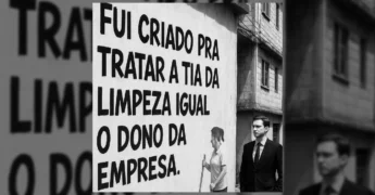Imagem em preto e branco com a frase 'FUI CRIADO PRA TRATAR A TIA DA LIMPEZA IGUAL O DONO DA EMPRESA' em destaque, com a representação de uma faxineira e um homem de terno. Crédito: Instagram / Frases Oficial.