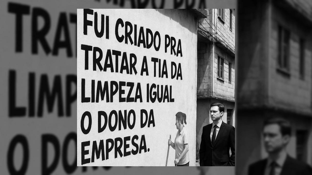Imagem em preto e branco com a frase 'FUI CRIADO PRA TRATAR A TIA DA LIMPEZA IGUAL O DONO DA EMPRESA' em destaque, com a representação de uma faxineira e um homem de terno. Crédito: Instagram / Frases Oficial.