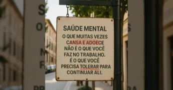 Placa com frase sobre saúde mental no trabalho: 'Não é o que você faz, é o que você precisa tolerar', com créditos a sou_psicologo_comuitorgulho no Instagram.