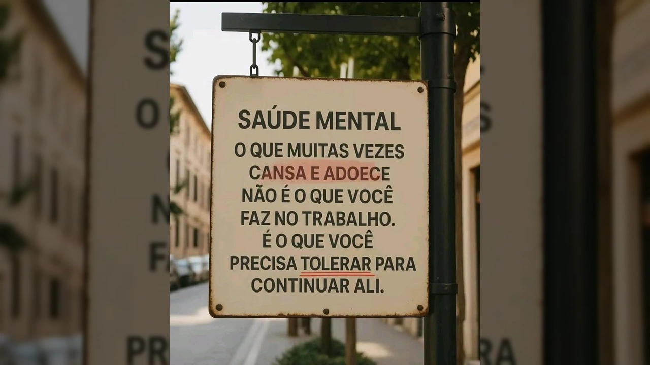 Placa com frase sobre saúde mental no trabalho: 'Não é o que você faz, é o que você precisa tolerar', com créditos a sou_psicologo_comuitorgulho no Instagram.