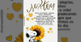Snoopy abraçando um girassol, com corações amarelos e a palavra 'Sextou!' em destaque, da conta @namaste5594