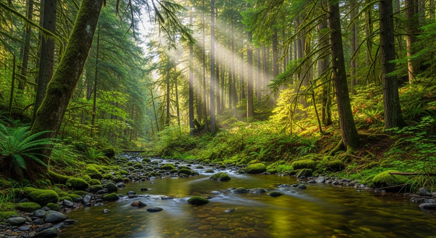 Floresta com riacho, luz do sol e vegetação verde para relaxamento